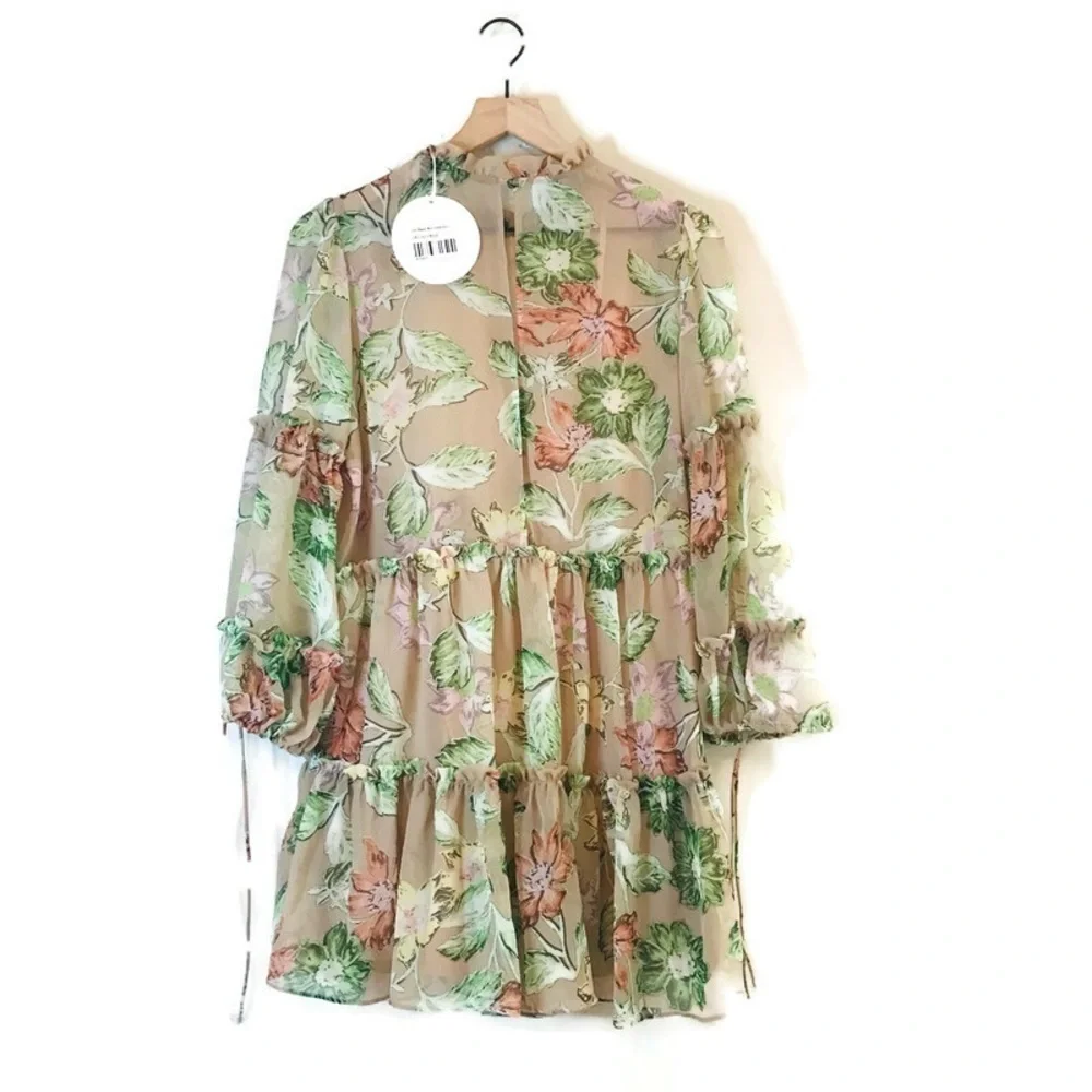 Princess Polly Eden Bloom Blush Floral Mini Beige Floral Ruffle Tiered Dress 0 - Picture 2 of 12